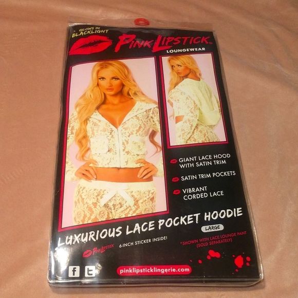 New Pink Lipstick Neon Glow In Blacklight Lace Pocket Hoodie Sz Large - Picture 1 of 5